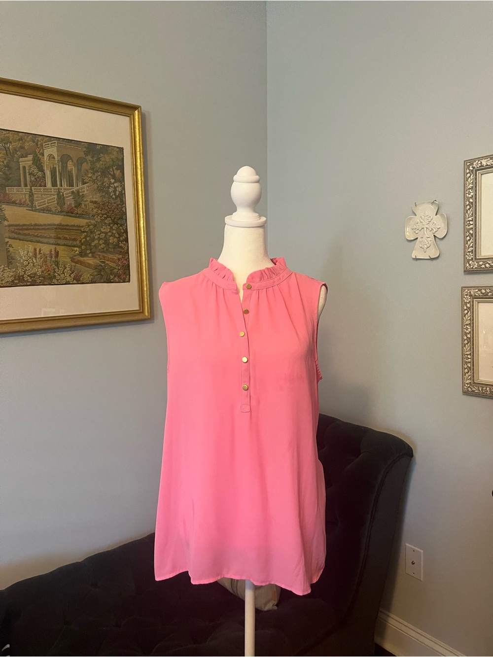 LOFT Bright Pink Sleeveless Ruffle-Neck Blouse